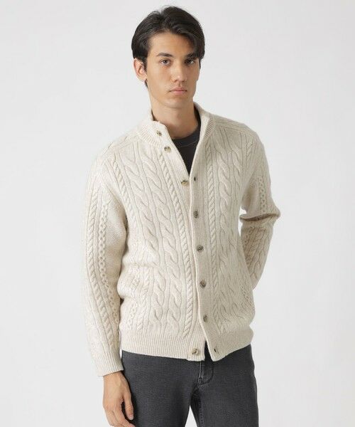 Paul Stuart / ポール・スチュアート ニット・セーター | ランダムケーブル柄スタンドカラーカーディガン(オフホワイト)
