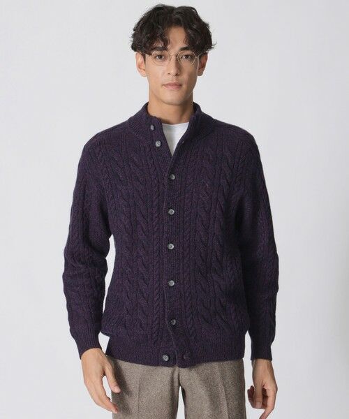 Paul Stuart / ポール・スチュアート ニット・セーター | ランダムケーブル柄スタンドカラーカーディガン(パープル系6)