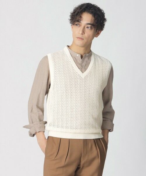 Paul Stuart / ポール・スチュアート ニット・セーター | 【COLLECTION LINE】アイレットヘリンボーン/Vネックベスト（オフホワイト）