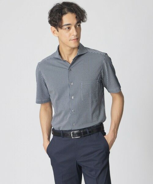 Paul Stuart / ポール・スチュアート カットソー | ニットサッカー半袖シャツ（ネイビー）