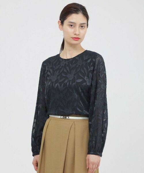 Paul Stuart / ポール・スチュアート シャツ・ブラウス | 【ウォッシャブル】シフォンカットジャカード　ブラウス（ネイビー）