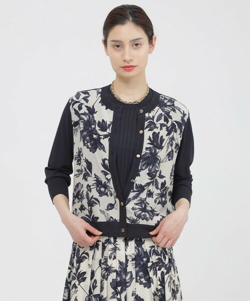 Paul Stuart / ポール・スチュアート ニット・セーター | 【ウォッシャブル】シャイニーストレッチ/シアーフラワープリント　カーディガン（ネイビー）