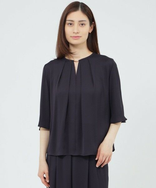 Paul Stuart / ポール・スチュアート シャツ・ブラウス | 【WEB・一部店舗限定】【ウォッシャブル/防しわ性】バックサテンジョーゼット　ブラウス（ネイビー）