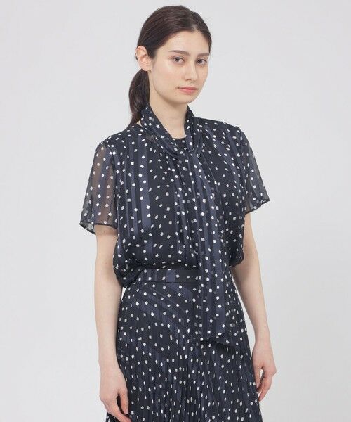 Paul Stuart / ポール・スチュアート シャツ・ブラウス | 【eclat掲載】【予約販売/ウォッシャブル】シアーストライプスクエアプリント　ブラウス（ネイビー）