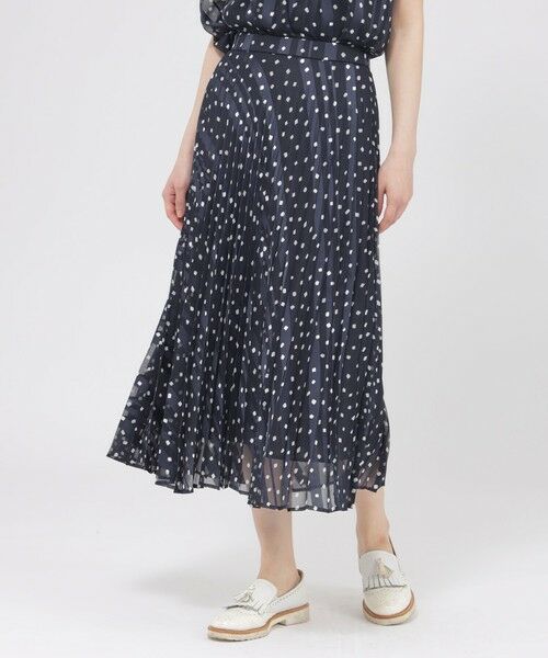 Paul Stuart / ポール・スチュアート スカート | 【eclat掲載】【予約販売/ウォッシャブル】シアーストライプスクエアプリント　スカート（ネイビー）