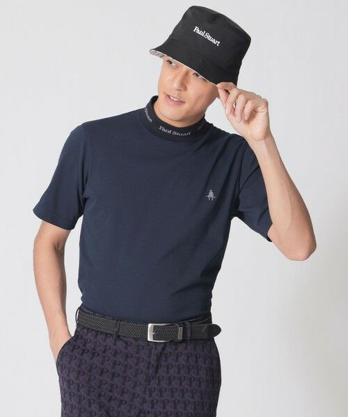 Paul Stuart / ポール・スチュアート カットソー | 【GOLF Men’s/吸水速乾/UVカット/保型性/イージーケア】PSロゴリブモックネック半袖シャツ(ネイビー1)