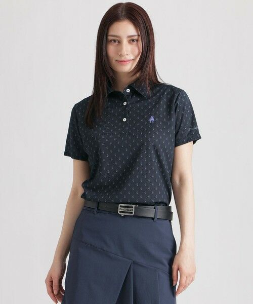 Paul Stuart / ポール・スチュアート カットソー | 【GOLF Women’s/吸水速乾/保型性/イージーケア/ストレッチ】 ジオメトリック柄プリント半袖ポロシャツ（ネイビー1）