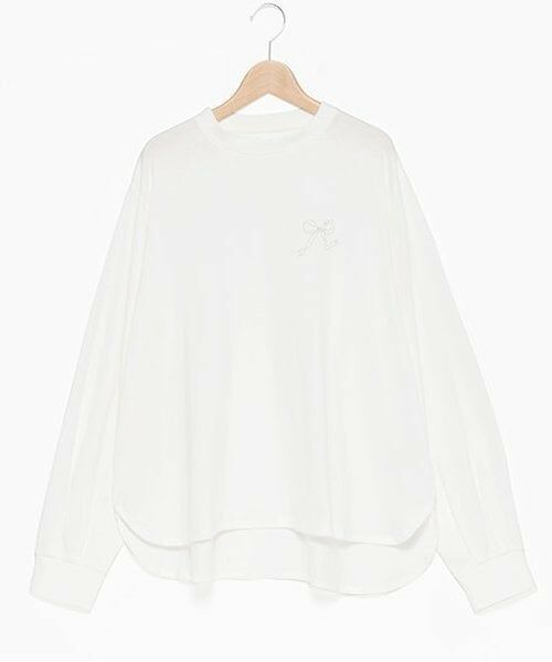 petit main LIEN / プティマイン リアン Tシャツ | 【リンク】リボン刺しゅう長T（オフ ホワイト）