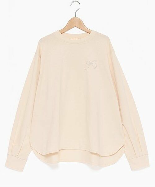 petit main LIEN / プティマイン リアン Tシャツ | 【リンク】リボン刺しゅう長T（ライト ピンク）