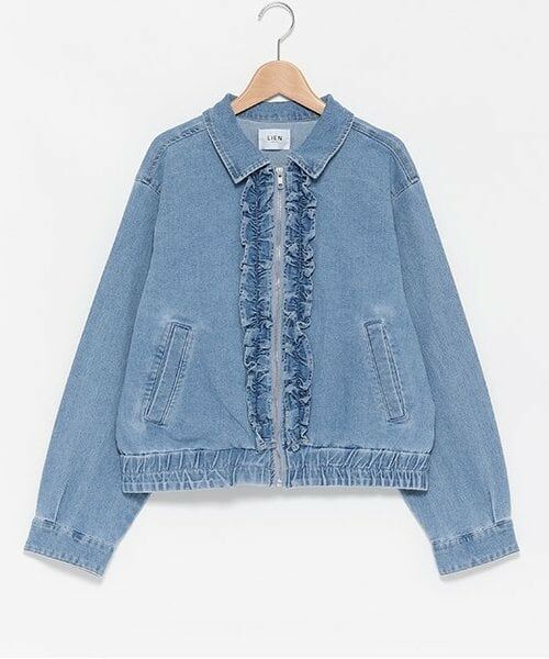 petit main LIEN / プティマイン リアン ブルゾン | 【リンク】デニムフリルジャケット（サックス）