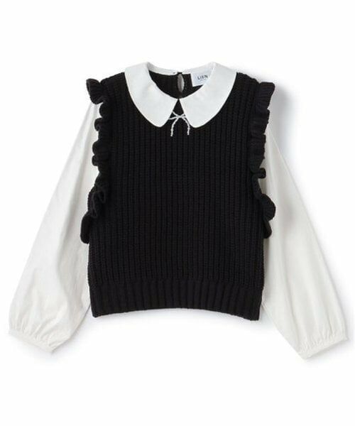 petit main LIEN / プティマイン リアン シャツ・ブラウス | 【リンク】パールリボンつきニットベスト（黒）
