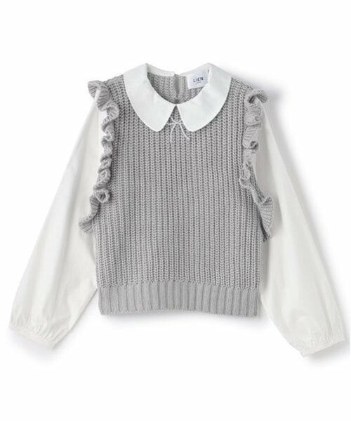 petit main LIEN / プティマイン リアン シャツ・ブラウス | 【リンク】パールリボンつきニットベスト（ライト グレー）