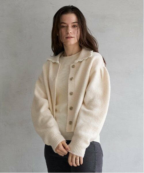 petit main LIEN / プティマイン リアン カーディガン・ボレロ | 【リンク】衿ニットカーディガン（アイボリー）