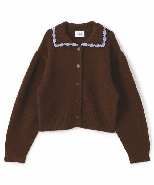 petit main LIEN / プティマイン リアン カーディガン・ボレロ | 【リンク】衿ニットカーディガン（茶）