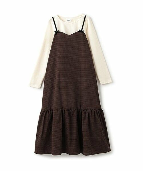 petit main LIEN / プティマイン リアン ミニ丈・ひざ丈ワンピース | 【リンク】テレコT＆ギンガムワンピセット（茶）