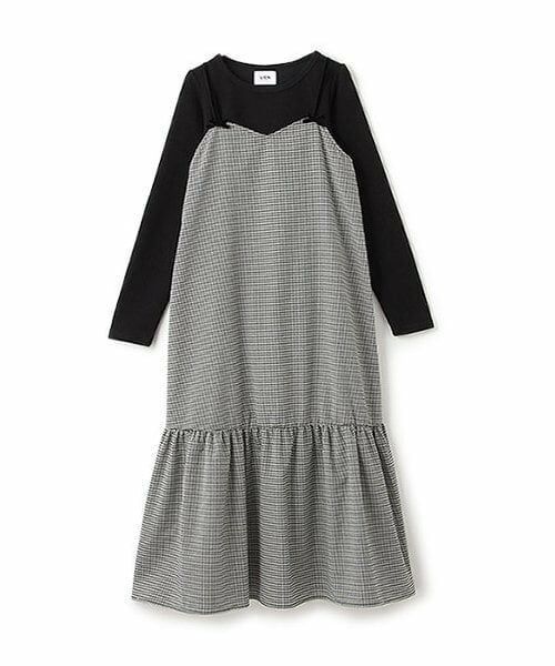 petit main LIEN / プティマイン リアン ミニ丈・ひざ丈ワンピース | 【リンク】テレコT＆ギンガムワンピセット（黒）