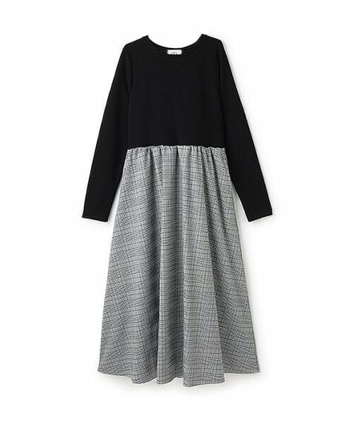 petit main LIEN / プティマイン リアン ミニ丈・ひざ丈ワンピース | 【リンク】チェック切り替えワンピース（黒）