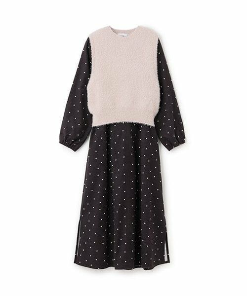 petit main LIEN / プティマイン リアン ミニ丈・ひざ丈ワンピース | 【リンク】ベストつき柄ワンピース（チャコール）