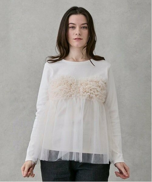 petit main LIEN / プティマイン リアン Tシャツ | 【リンク】チュールビスチェドッキング長T（オフ ホワイト）