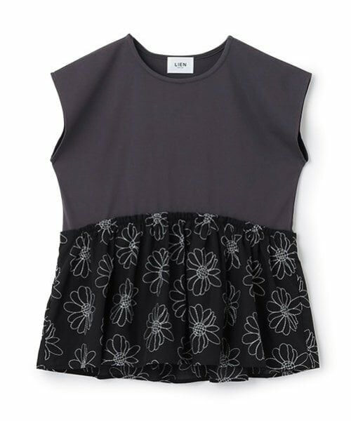 petit main LIEN / プティマイン リアン Tシャツ | 【リンク】お花刺しゅうドッキングT（黒）