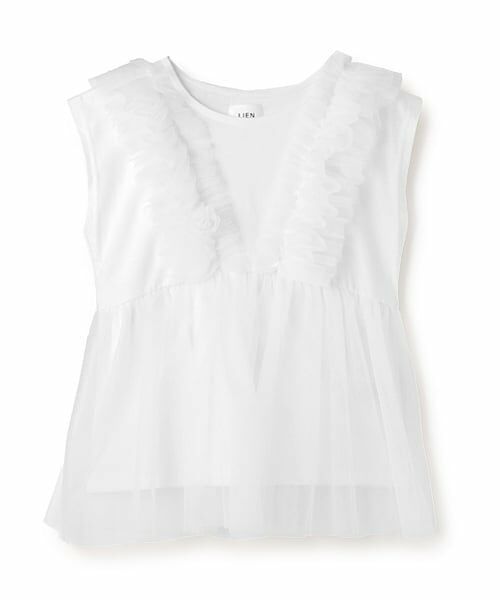 petit main LIEN / プティマイン リアン Tシャツ | 【リンク】チュールドッキング半袖T（オフ ホワイト）