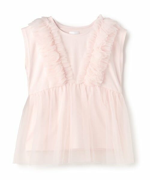 petit main LIEN / プティマイン リアン Tシャツ | 【リンク】チュールドッキング半袖T（ライト ピンク）