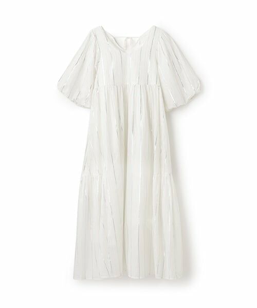 petit main LIEN / プティマイン リアン ミニ丈・ひざ丈ワンピース | 【リンク】ラメストライプ/花柄ワンピース（オフ ホワイト）