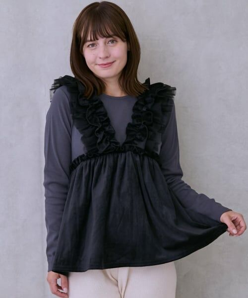 petit main LIEN / プティマイン リアン その他トップス | 【親子リンク】ドッキングフリルチュニック（黒）