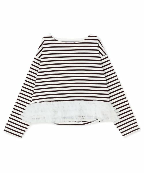 petit main LIEN / プティマイン リアン Tシャツ | 【親子リンク】ボーダーペプラム長袖Tシャツ（茶）