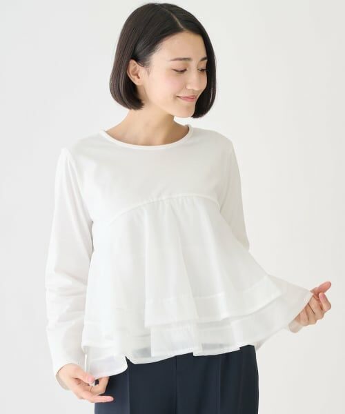 petit main LIEN / プティマイン リアン Tシャツ | オーガンジードッキング長袖Tシャツ（オフ ホワイト）