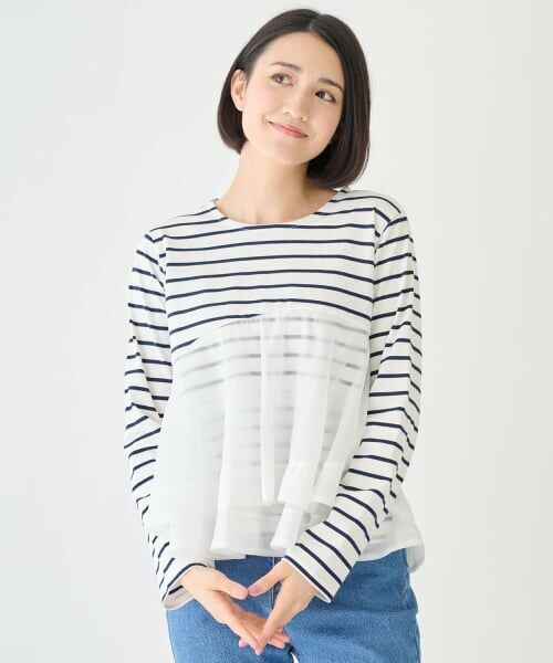 petit main LIEN / プティマイン リアン Tシャツ | オーガンジードッキング長袖Tシャツ（ボーダー）