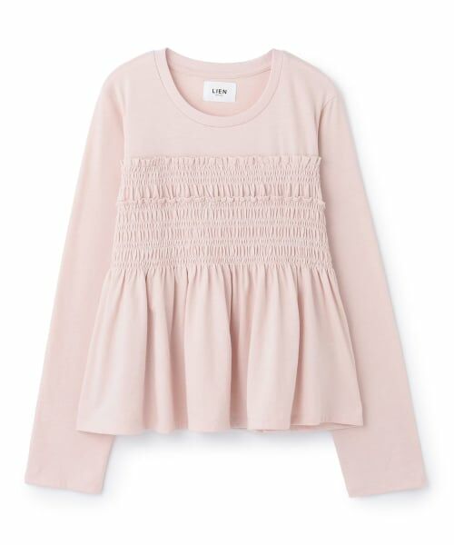 petit main LIEN / プティマイン リアン Tシャツ | 【リンク】シャーリングペプラムTシャツ（ライト ピンク）