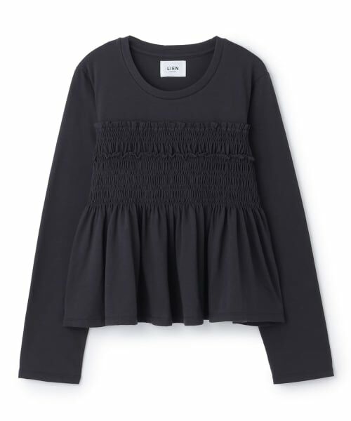 petit main LIEN / プティマイン リアン Tシャツ | 【リンク】シャーリングペプラムTシャツ（チャコール）