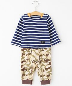 petit main / プティマイン ロンパース | ボーダー×カモフラージュ切り替えカバーオール