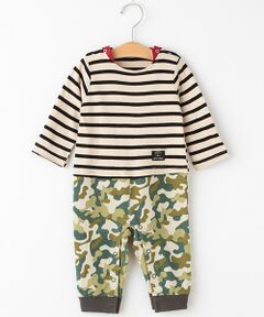 petit main / プティマイン ロンパース | ボーダー×カモフラージュ切り替えカバーオール