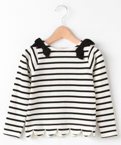 petit main / プティマイン Tシャツ | 肩リボンスカラップヘムボーダーTシャツ