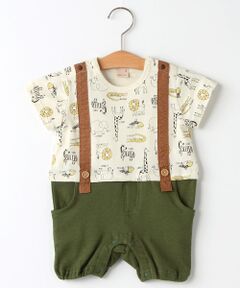 petit main / プティマイン ロンパース | アニマル柄サスペンダー風デザインカバーオール