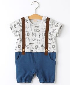 petit main / プティマイン ロンパース | アニマル柄サスペンダー風デザインカバーオール