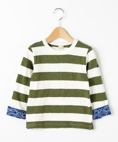 petit main / プティマイン Tシャツ | 太ボーダー袖口バンダナ柄切り替えTシャツ