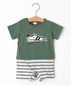 petit main / プティマイン ロンパース | モチーフプリント入り無地×ボーダー切り替えカバーオール