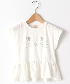 ネコフェイスプリントぺプラムTシャツ