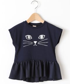 ネコフェイスプリントぺプラムTシャツ