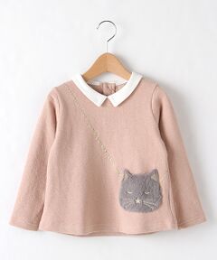 ふわふわネコだまし絵ポシェット裏起毛Tシャツ