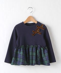 リボンつきチェックフリルリブTシャツ