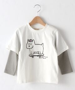 スケボー犬プリントフェイクレイヤードTシャツ