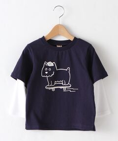 スケボー犬プリントフェイクレイヤードTシャツ