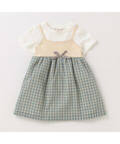 petit main / プティマイン ミニ丈・ひざ丈ワンピース | チェックキャミドッキングTシャツワンピース