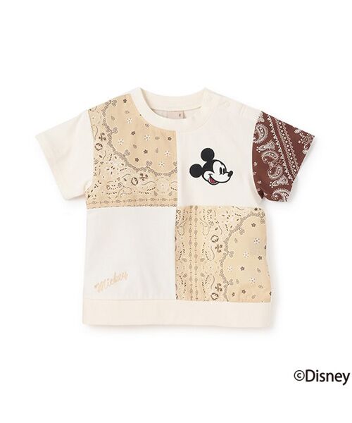 petit main/プティマイン 【Disney】パッチワーク半袖Tシャツ ベ-ジュ 80