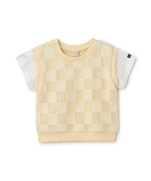 petit main / プティマイン Tシャツ | スクエア刺繍ドッキング半袖Tシャツ（クリ-ム）