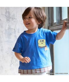 petit main / プティマイン Tシャツ | 【新幹線】裾チェックアップリケ半袖Tシャツ